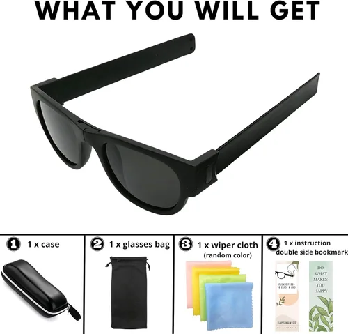 Vista 2 de PCShop888 - Gafas de sol plegables Negro diseño creativo con rollo y clip en pulsera para hombres mujeres y niños protección UV 400 Embalado en una