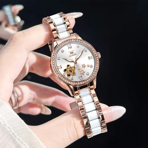 Vista 7 de OLEVS Relojes para mujer, reloj automático de lujo, correa de cerámica, oro rosa, reloj de pulsera para mujer
