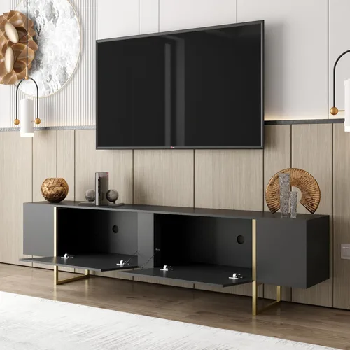 Vista 3 de Soporte de TV de 71" con patas doradas y dos puertas espaciosas (negro)