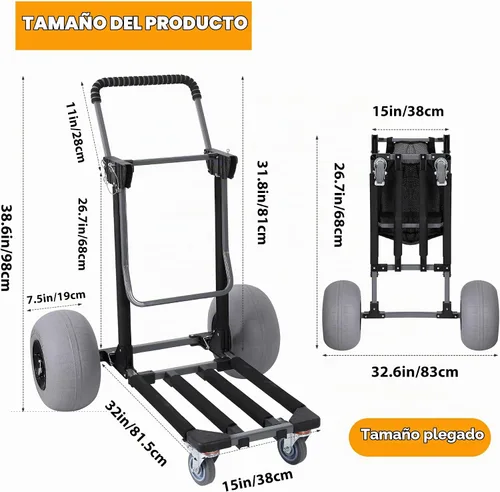 Vista 4 de Carrito de playa plegable para pesca con ruedas de globo de 12 pulgadas para arena todo terreno Negro