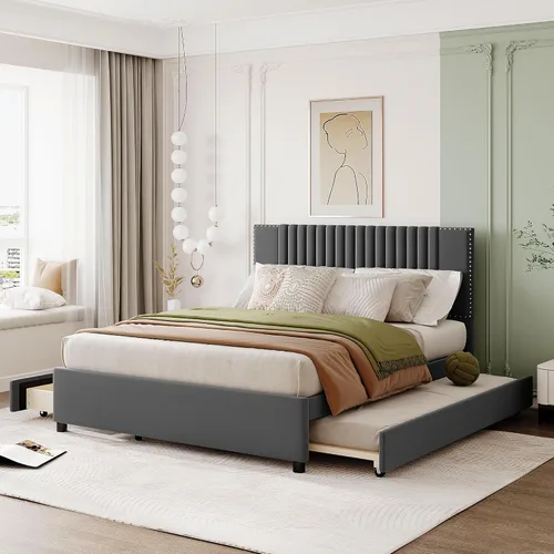 Vista 14 de Harper & Bright Designs - Base de cama de tamaño matrimonial con 2 cajones y cama corrediza individual, plataforma tapizada en el suelo con cabecera