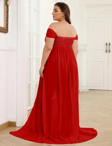 Vista 5 de Vestido de maternidad para sesión de fotos con hombros descubiertos, vestido de gasa con abertura frontal, maxi vestidos de embarazo para fotografía