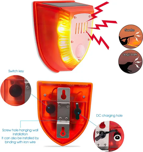 Vista 12 de Alarma solar con sensor de movimiento para exteriores: luces solares de alarma de seguridad con ladridos de perro y sonido de disparo