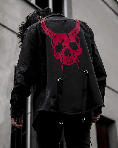 Vista 3 de ebossy Chaqueta de mezclilla con estampado de calavera y cobra para hombre