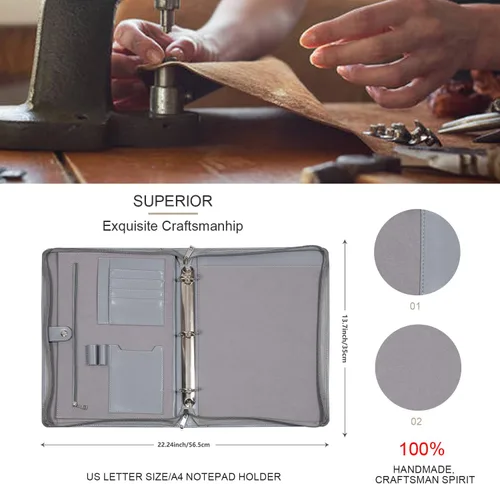 Vista 5 de AZXCG Carpeta de cuero con 3 anillos para mujeres y hombres, organizador de carpetas de negocios de cuero vegano con cremallera, soporte para bloc