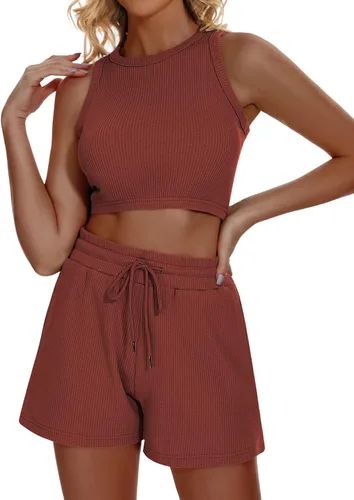 Vista 3 de Funlingo Conjunto de pijama de 2 piezas para mujer, de punto gofre, sin mangas, de verano, 2023
