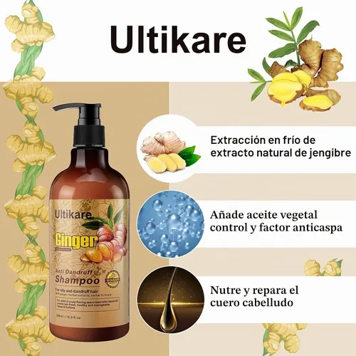 Vista 3 de Champú de jengibre para el cabello caspa, tratamiento anticaspa, champú para el cuidado del cuero cabelludo seco con picazón, aceite de extracto