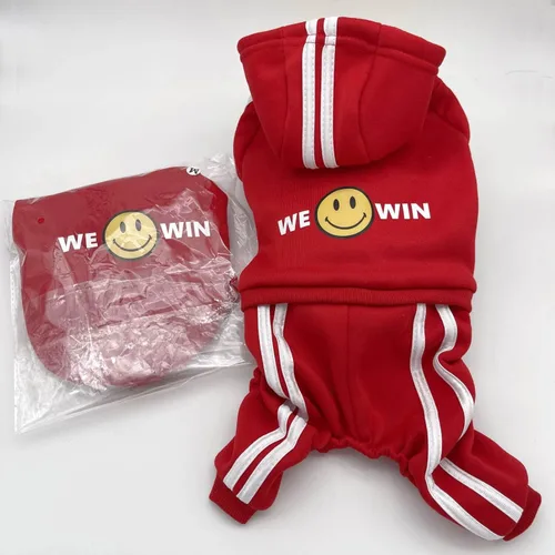 Vista 5 de Traje para mascotas – Lindo suéter con capucha para perro, ropa de invierno, pijama de 4 patas, rojo para cachorros, perros pequeños, medianos