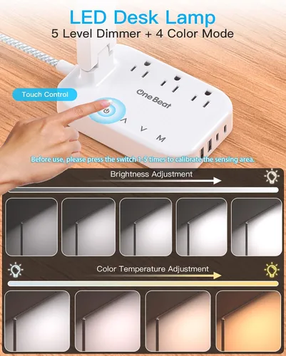 Vista 3 de One Beat lámpara de escritorio LED pequeña con extensión de 5 pies, tira de corriente con 3 tomas de corriente, 4 puertos USB (2 USB C), 4 modos, 5