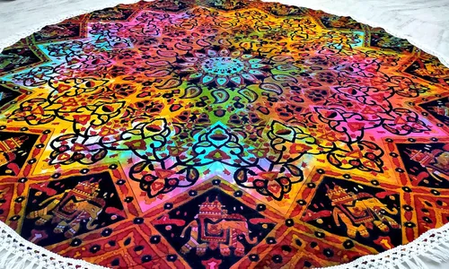 Vista 4 de Tapiz redondo de mandala indio, manta de playa, mantel de algodón gitano hippie bohemio, toalla de playa, esterilla de yoga
