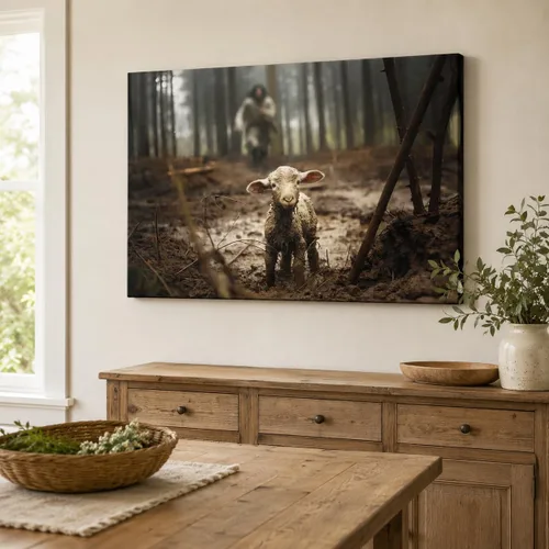 Vista 39 de Arte de pared en lienzo de Jesús y Cordero, Arte de pared en lienzo de Jesús abrazando a un cordero fangoso, Arte de pared cristiano para decoración