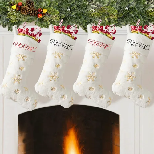 Vista 12 de Calcetines negros de piel sintética de Navidad, 1 paquete grande de 22 pulgadas, medias colgantes de felpa negra con nombre personalizado con copos