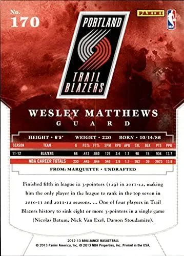 Vista 2 de 2012-13 Panini Brilliance #170 Wesley Matthews