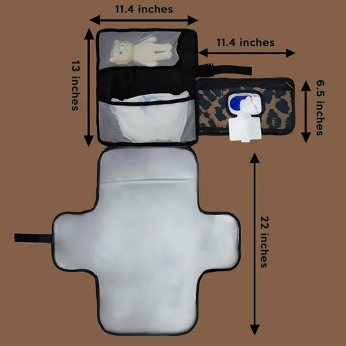 Vista 2 de Cambiador portátil para bebé, cambiador de viaje plegable con tapete impermeable de PEVA, perfecto para recién nacidos y bebés (leopardo)