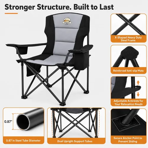 Vista 7 de Sillas de campamento de gran tamaño, paquete de 2 – Silla de campamento plegable resistente de 450 libras, sillas plegables para exteriores anchas