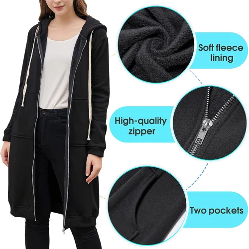 Vista 5 de Chaqueta tipo sudadera larga con cremallera y capucha, estilo casual para mujer, sudadera con bolsillos de gran tamaño y moderna