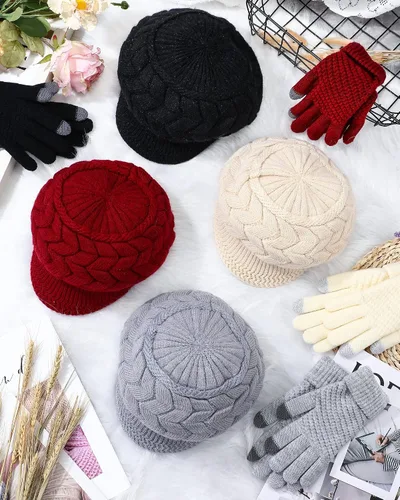 Vista 7 de SATINIOR Juego de 4 gorros y guantes de invierno para mujer, gorro de punto cálido, gorro de esquí de nieve con visera y guante para pantalla rojo