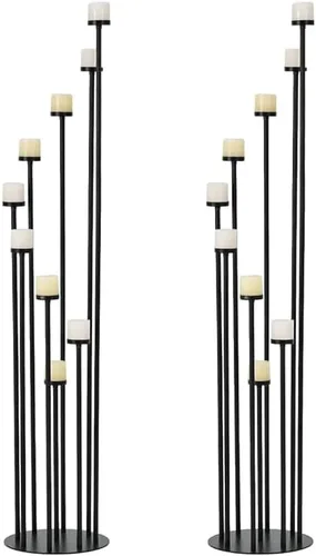 Vista 8 de 2 portavelas altos para velas de pilar, candelabros negros de 9 brazos, centro de mesa para velas de pilar cónico, centros de mesa florales