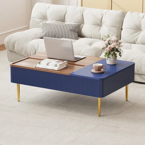 Vista 2 de HLR Mesa auxiliar de doble elevación de 47 pulgadas con almacenamiento, moderna mesa de centro de madera acanalada con compartimento oculto, mesa