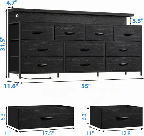 Vista 3 de EnHomee Cómoda de 55 pulgadas de ancho para dormitorio con 10 cajones de tela, cómoda larga con luces LED y tomas de corriente, cómoda y cómoda