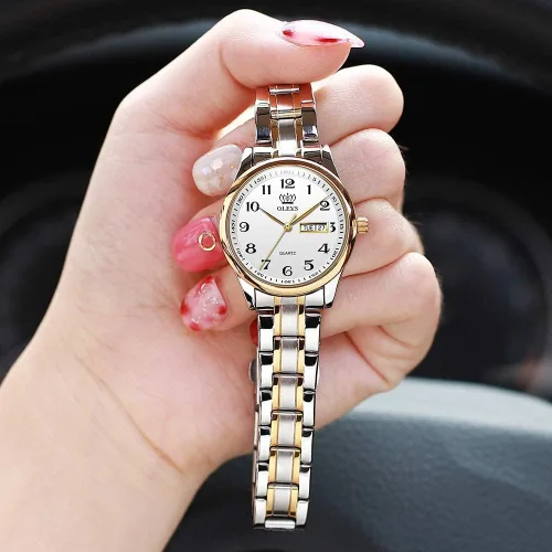 Vista 5 de OLEVS Relojes para mujer oro plateado acero inoxidable impermeables analógicos grandes fáciles de leer y fecha