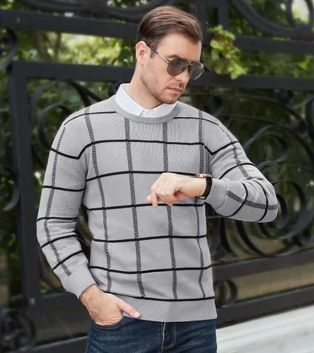 Vista 2 de MAGNIVIT Suéteres de punto de diseño básico para hombre, de algodón, suave, cuello redondo, para otoño e invierno