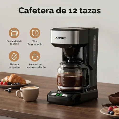 Vista 8 de Cafetera de 12 tazas, cafetera de goteo grande con tanque de agua Plateado