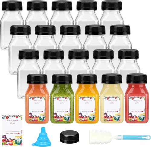 Vista 14 de SUPERLELE 20 botellas de plástico de 2 onzas con tapas, botellas de jengibre reutilizables, transparentes, a granel, para jugo, leche y otras bebidas