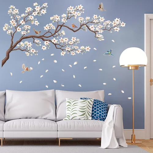 Vista 11 de Calcomanías de pared grandes de palmera negra, calcomanías de pared de pájaros tropicales de cocotero, mural de bosque para dormitorio, sala
