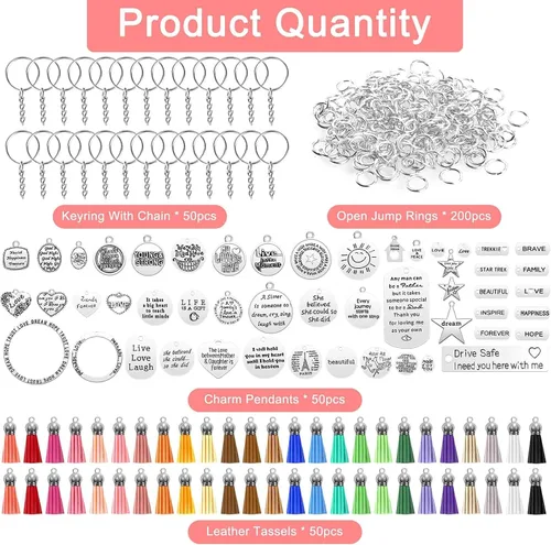 Vista 2 de Audab Juego de 350 Piezas de Accesorios de Llaveros Motivacionales con 50 Dijes de Palabras Inspiradoras Grabadas, 50 Borlas de Llavero de Cuero, 50