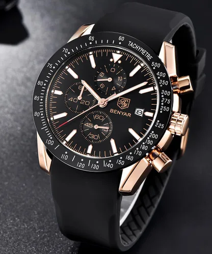 Vista 4 de BENYAR Fashion Men's Quartz Chronograph Waterproof Silicone Watches Business Casual Sport Design Wrist Watch for Men Perfect for Father Son Black