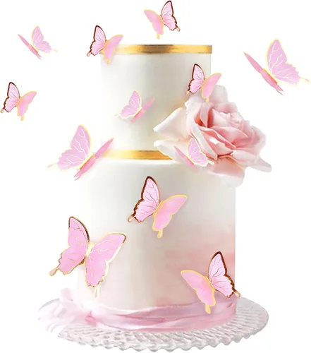 Vista 23 de 38 bolas de oro rosa para decoración de tartas, flores artificiales rosadas, decoraciones de pasteles de mariposa para decoración de pasteles