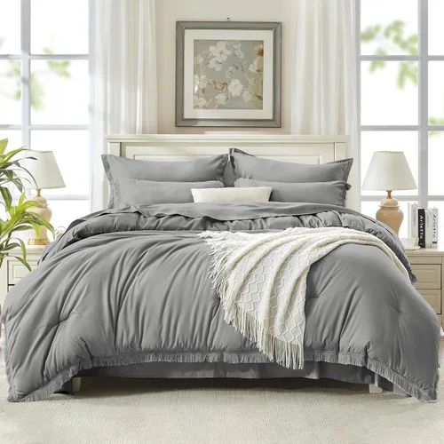 Vista 29 de Andency Juego de ropa de cama con edredón tamaño matrimonial beige con sábanas - 7 piezas, estilo bohemio con borlas, ropa de cama ligera en una 01