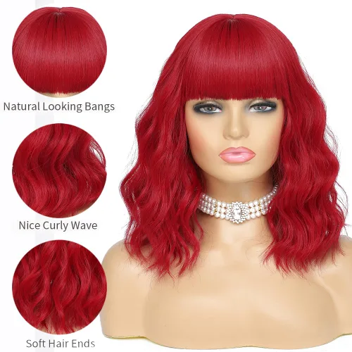 Vista 3 de Peluca corta ondulada con flequillo, peluca roja para mujer, peluca sintética rizada estilo Bob, peluca de fibra resistente al calor de aspecto