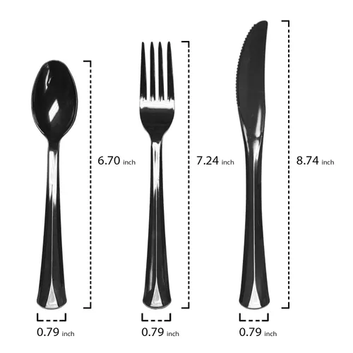 Vista 2 de Party Essentials Cubiertos combinados de plástico de lujo extra resistentes, color negro, 192 piezas (64 cuchillos, 64 tenedores, 64 cucharas)