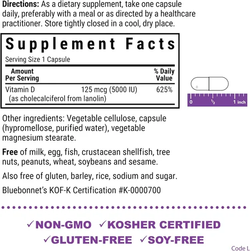 Vista 2 de Bluebonnet Nutrition Vitamina D3 5000 UI - Cápsula vegetal, ayuda en el crecimiento muscular y esquelético, colecalciferol de lanolina, D3, sin OMG