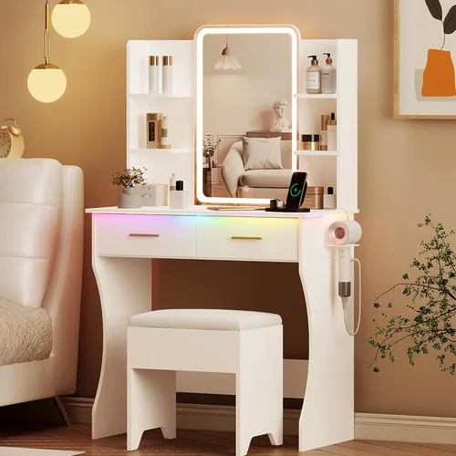 Vista 22 de Escritorio de tocador con espejo iluminado HD y luces, pequeño tocador de maquillaje acanalado con cajones y estantes de almacenamiento, juego