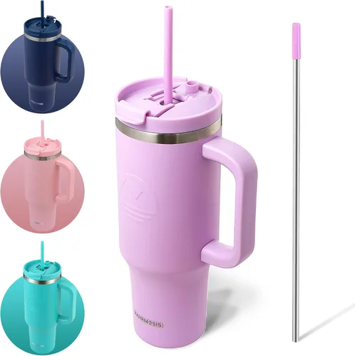 Vista 28 de FAHRMOSIS Vaso de 40 onzas con asa y pajita, taza aislada que cabe en el portavasos para bebidas frías y calientes, vaso a prueba de fugas