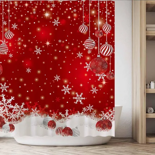 Vista 5 de Funnytree 72"x72" Cortina de ducha roja con copos de nieve de Navidad, brillantes, chispeantes, con efecto bokeh para decoración de baño, lavable a