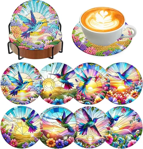 Vista 18 de Meothan Juego de 8 posavasos de arte de diamante para adultos con soporte, almohadillas de corcho, posavasos de arte de puntos de diamante de vidrio