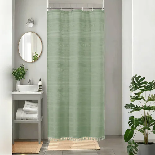 Vista 29 de OVZME Cortina de ducha bohemia negra, cortina de ducha estrecha de tela suave a rayas de lino texturizado con borla, moderna decoración de baño