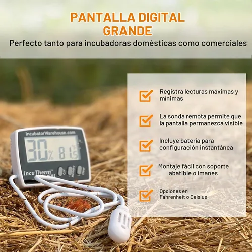 Vista 3 de IncuTherm™ Plus Termómetro digital e higrómetro para incubadora de huevos - Pantalla digital grande con memoria mínima/máxima - Sonda remota - Lee