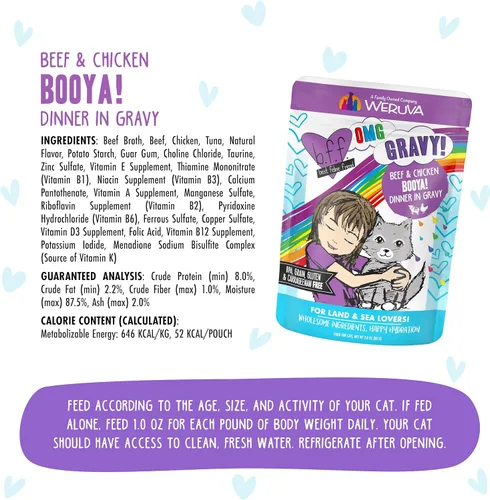 Vista 4 de Weruva B.F.F. OMG - Best Feline Friend Oh My Gravy!, Booya! - Alimento para gatos con carne de res y pollo en salsa, bolsa de 2.8 onzas