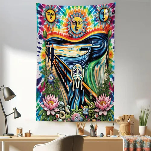 Vista 145 de Ambesonne Tapiz verde, fases lunares alrededor de un árbol de la vida, impresión de diseño bohemio de astrología nocturna, decoración de tela
