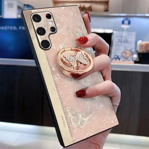 Vista 8 de Funda con función atril para Galaxy S22 Ultra, bonita concha de mármol con soporte de anillo, elegante funda protectora a prueba de golpes