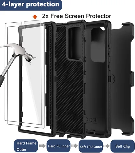Vista 3 de Funda para Galaxy Note 20 Ultra con clip para cinturón, 2 protectores de pantalla, grado militar, cuerpo completo, resistente, a prueba de golpes