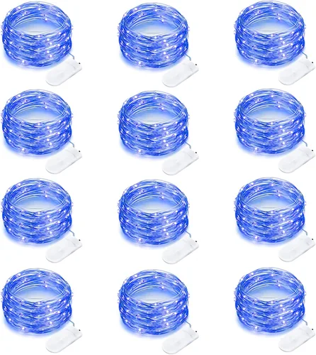 Vista 15 de Paquete de 12 luces de Halloween moradas que funcionan con pilas, luces de cadena de 7 pies, 20 luces LED de hadas, luces mini impermeables, cable