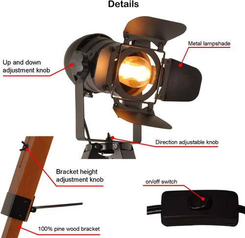 Vista 5 de Decoluce Lámpara de Pie Industrial con Trípode de Mesa Madera Vintage Reflector de Búsqueda de Cine Accesorios de Iluminación de Pie Foco Náutico
