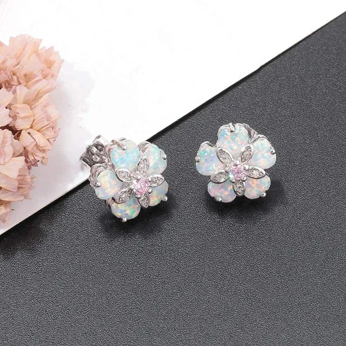 Vista 5 de CiNily Aretes tipo dormilona de ópalo con flores para mujer, chapados en rodio, hipoalergénicos, grandes piedras preciosas de 1932 pulgadas