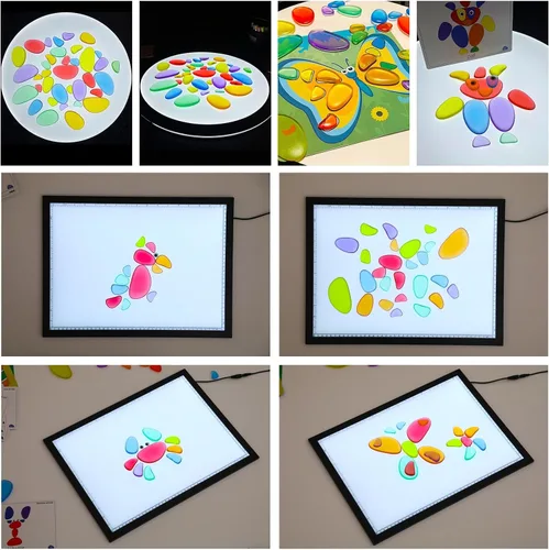 Vista 5 de 36 piezas de guijarros translúcidos, piedras arcoíris, manipuladores de mesa de luz para preescolar, accesorios de mesa de luz, incluye 24 tarjetas